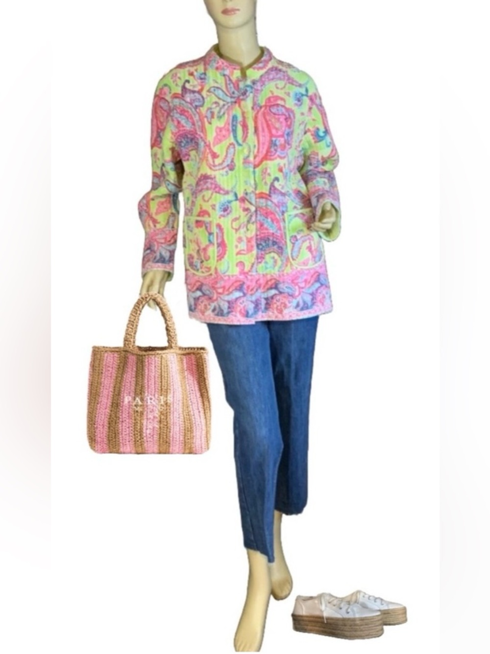 LA CERA PINK & GREEN PAISLEY PRINT QUILTED REVERSIBLE JACKET (L)